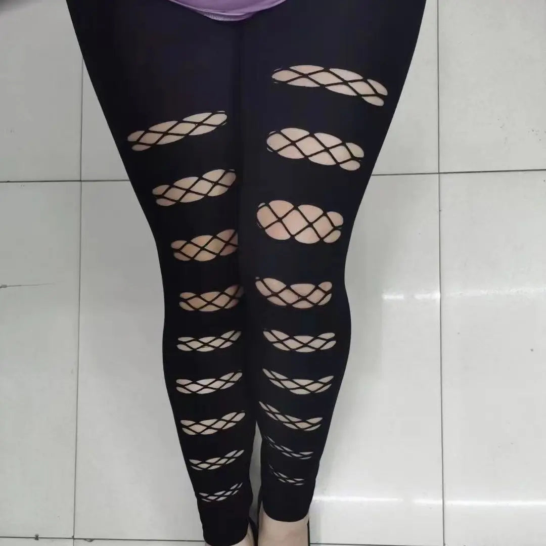 Black Punk Ripped Striped Leggings Pants - Gothic Club Elastic Skinny Pencil Pants for Women