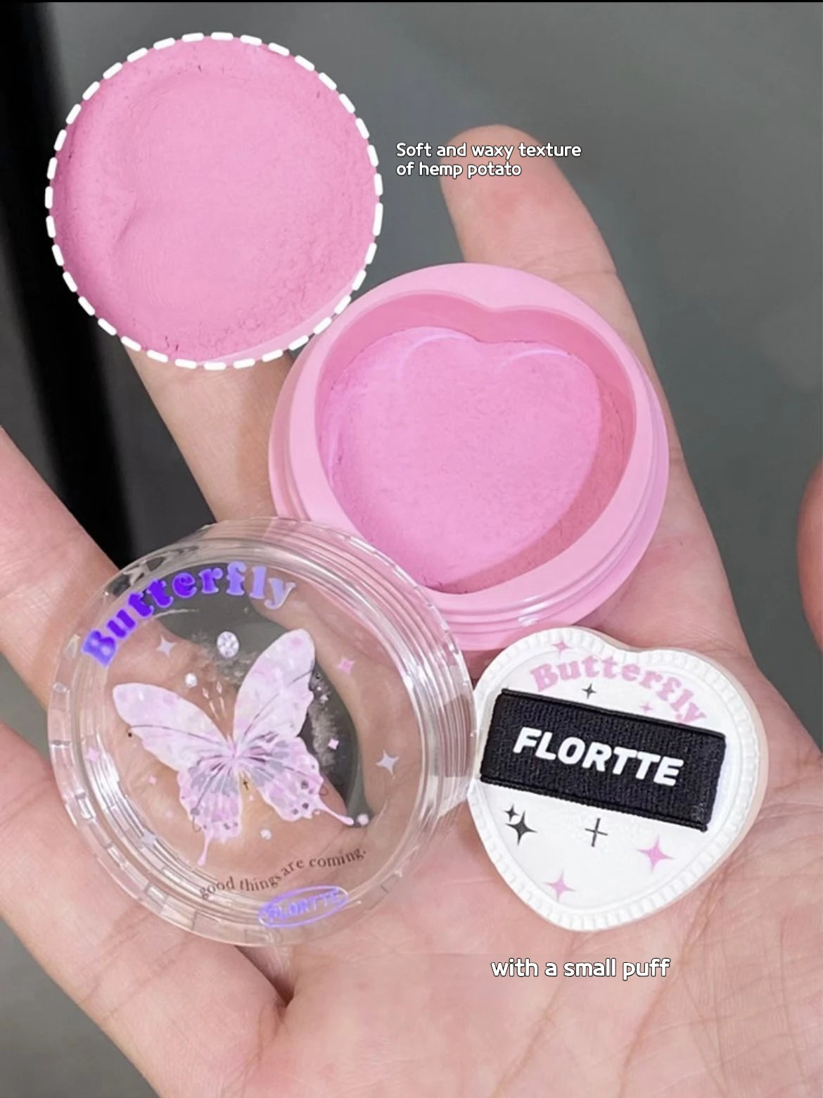 Flortte Air Powder Blush Cream – Brightening Highlight, Glittering Pure Desire, Natural Nude Makeup with Puff