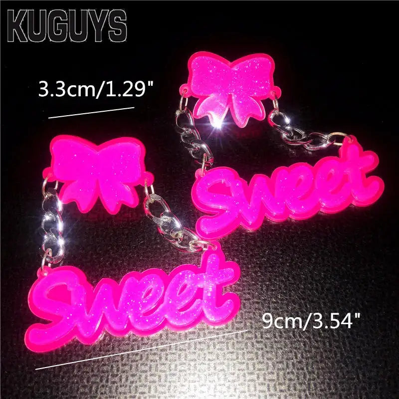 KUGUYS Glitter Pink ‘Sweet’ Letter Drop Earrings | Bowknot Acrylic Jewelry Accessories for Women