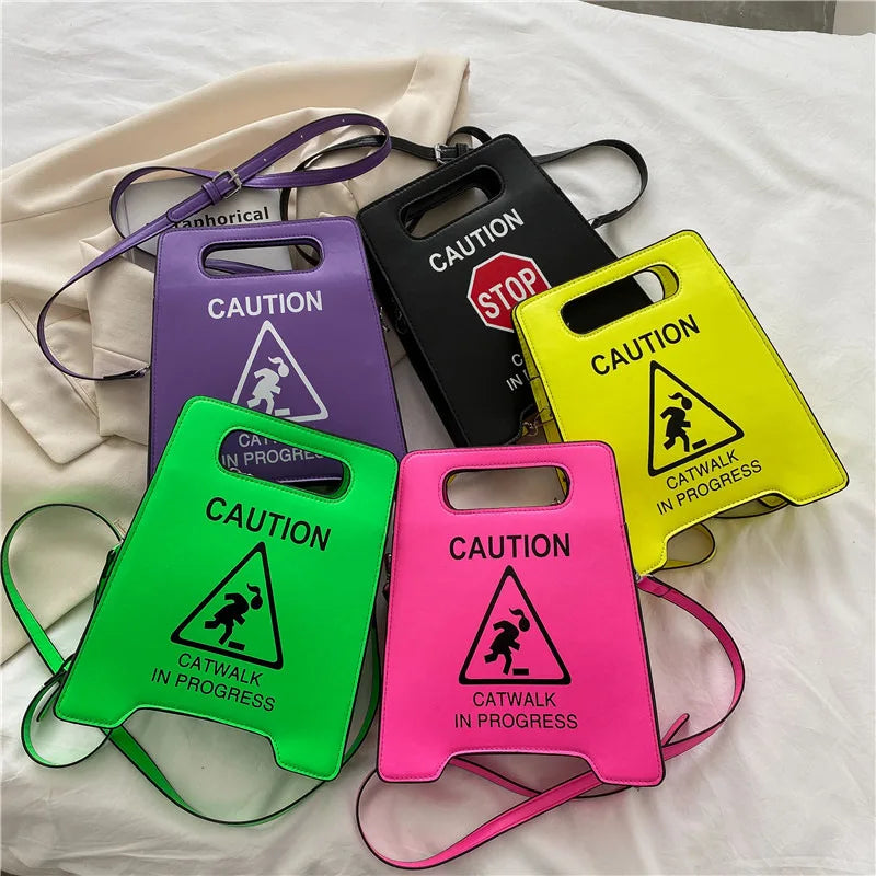 Novelty Sign Purse - Fashionable PU Leather Handbag with Caution Catwalk In Progress Design, Crossbody Messenger Bag