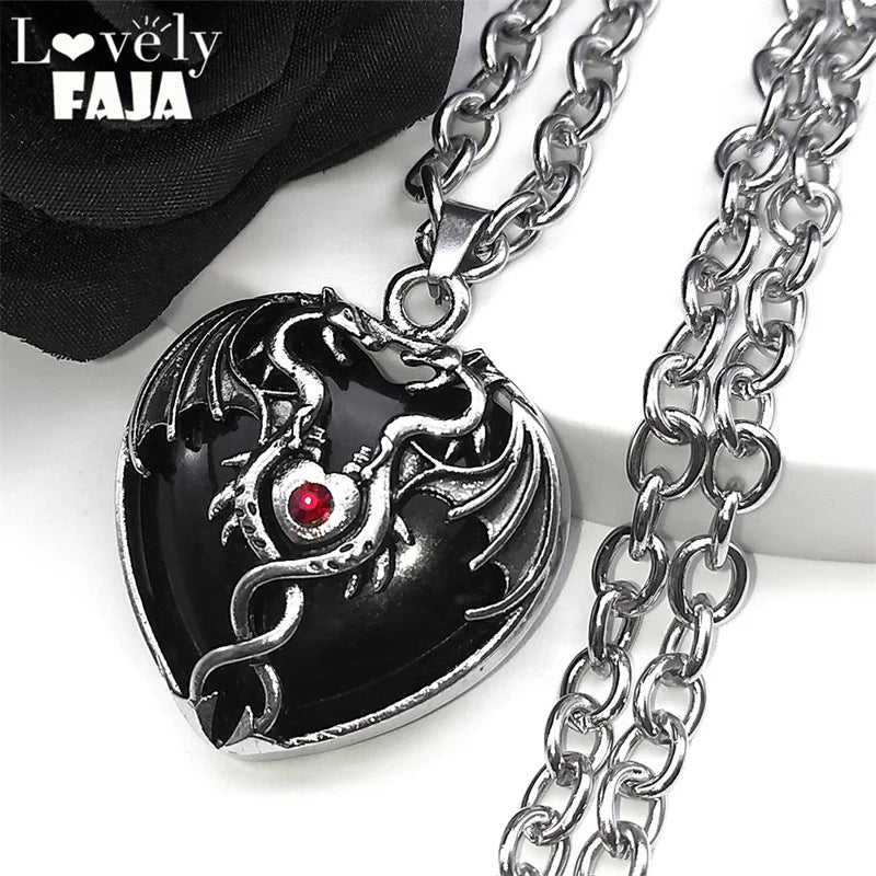 Goth Double Dragon Heart Necklace – Black Stone, Stainless Steel, Y2K Star Girl Design, Men & Women Halloween Jewelry Gift