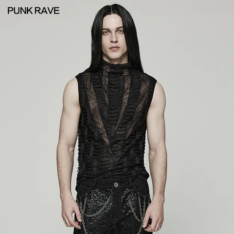 PUNK RAVE Men's Gothic Asymmetric Sharp Teeth Mesh Vest Punk Handsome Cool High Collar Simple Black Tank Tees Summer Tops