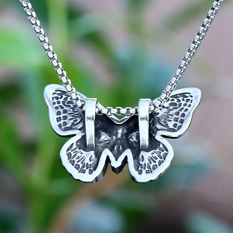 2024 New 316L Stainless Steel Butterfly With Skull Pendant Necklace Personality Chrom HipHop Halloween Jewelry Party Gift