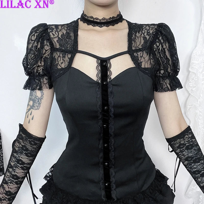 Goth Black Lace Mesh Puff Sleeve T-Shirt Y2K Vintage Choker Button Summer Top Women Fashion Blouse