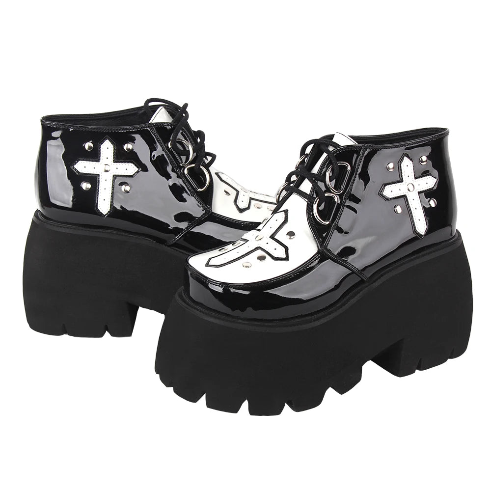 Angelic Imprint New Women's Punk Style Chunky Platform Shoes - Slip-On with Laces and Cross Printed Details