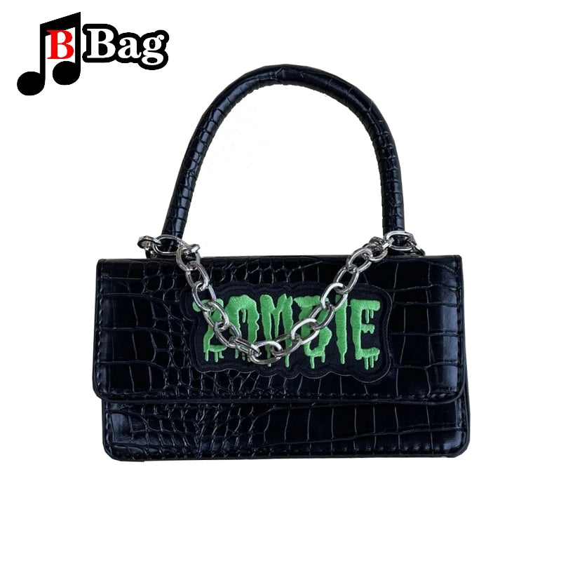 Y2K Punk Zombie Embroidered Bag | Women’s Gothic Crocodile Print PU Leather Shoulder Bag | Trendy Handbag Female Messenger Bag