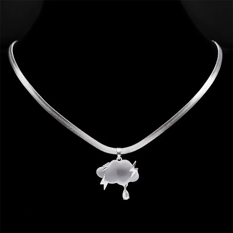 Floating Storm Cloud Lightning Crystal Raindrop Choker Necklace – Stainless Steel Jewelry for Women