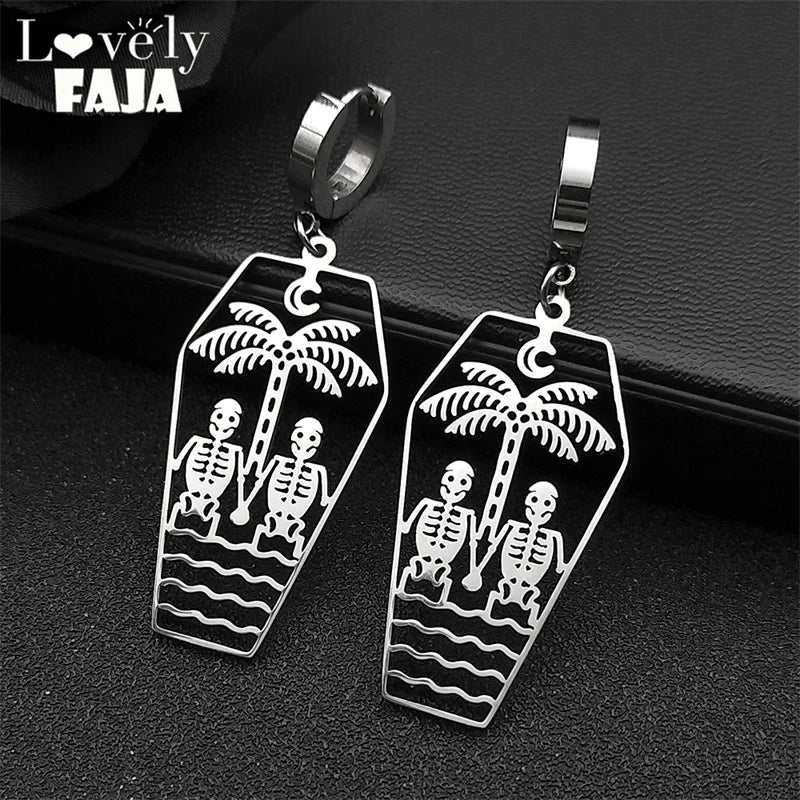 Dark Punk Coffin Skull Hoop Earrings - Stainless Steel Couple Jewelry for Men and Women