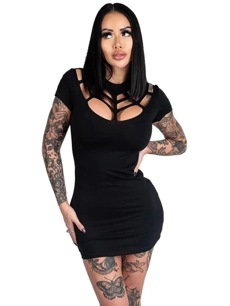 AltGoth Mall Gothic Dark Dress for Women, Vintage Spiderweb Hollow Out Short Sleeve High Waist Emo Cosplay Mini Dress