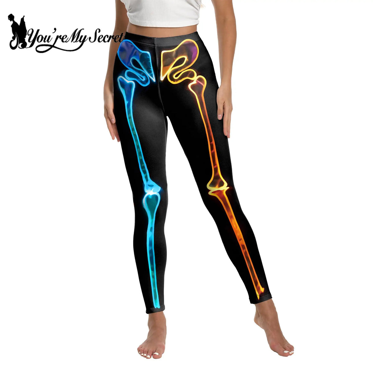 [You're My Secret] Halloween Spandex skeleton Print Woman Elastic Pants Tights Trousers Slim Fitness Bottom High Waist Legging