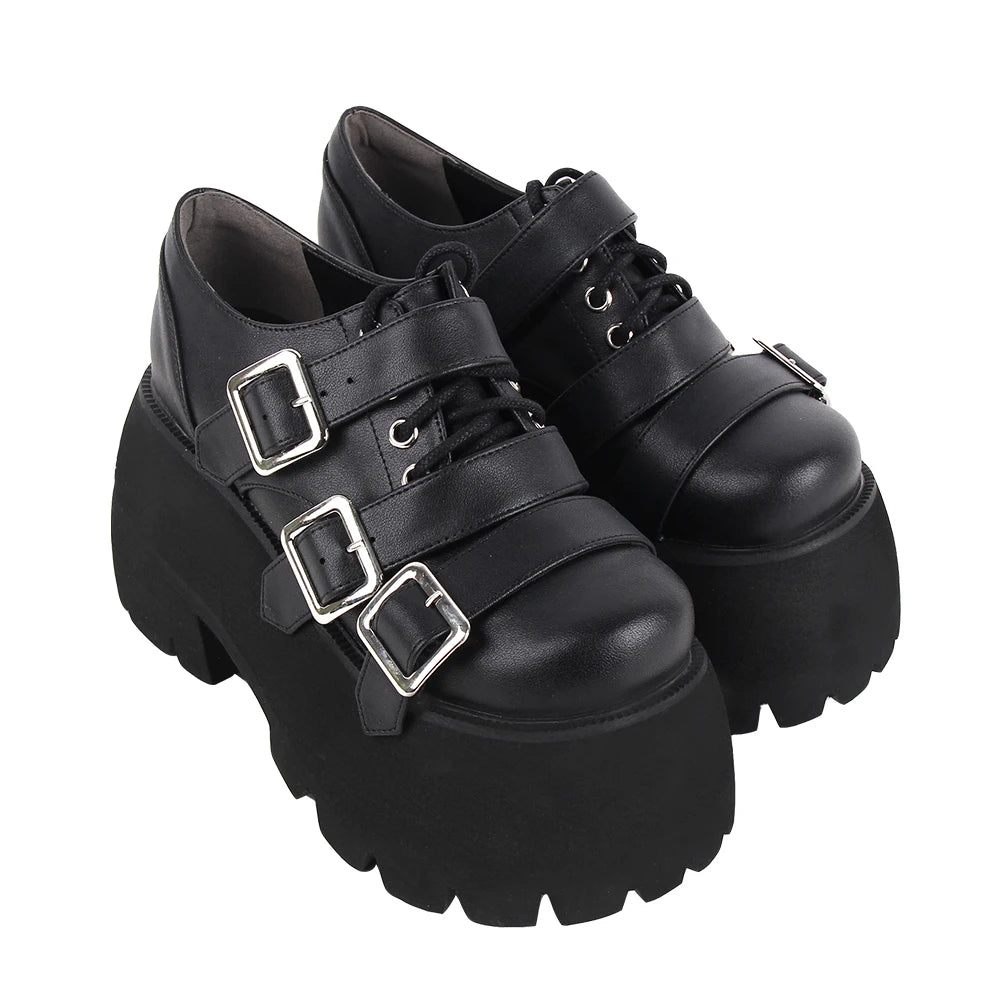 Women’s Lolita Dark Goth Punk Shoes - Chunky Platform Pumps with Laces and Buckles