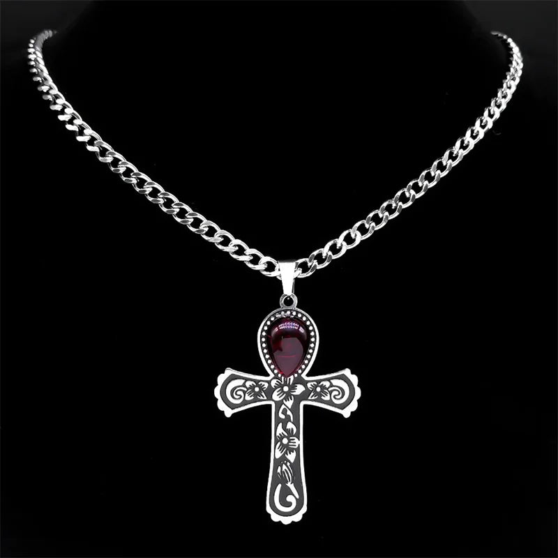 Goth Flower Egyptian Ankh Cross Pendant Necklace - Stainless Steel with Water Drop Red Glass, Jewelry Gift