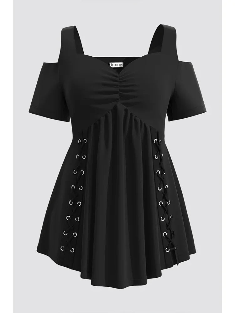 Women Plus Size Off the Shoulder T shirt Casual Black Cold Shoulder Pleated Metal Eyelet Washer Short Sleeve Summer A-Line Top