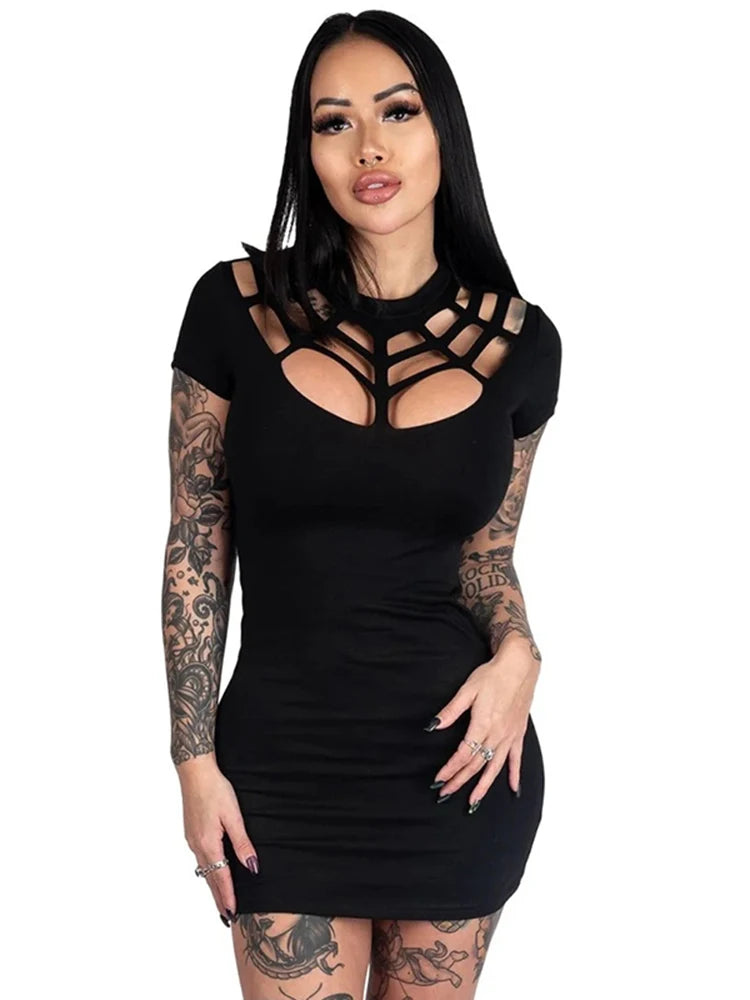 AltGoth Mall Gothic Dark Dress for Women, Vintage Spiderweb Hollow Out Short Sleeve High Waist Emo Cosplay Mini Dress