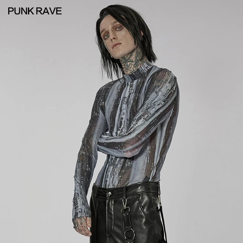 PUNK RAVE Men's Post-apocalyptic Style Tight Elastic Gauze T-shirt Punk Daily Simple Sense of Sci-tech Slim Tops 2 Colors Tees