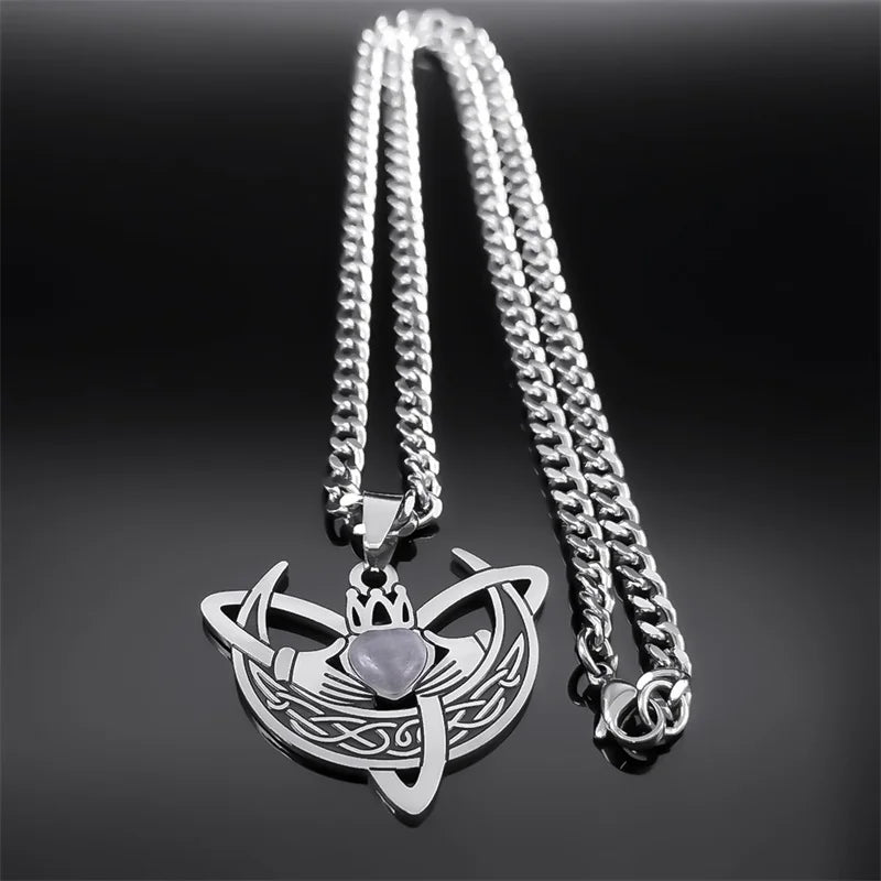 Crescent Moon Claddagh Heart Trinity Celtic Knot Necklace – Stainless Steel with Opal Stone, Women’s Necklaces