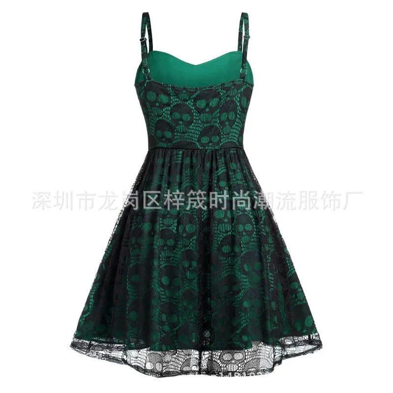 2024 Spring Summer New Women's Lace Stitching Skull Mesh Sleeveless Sling Drawstring Dress