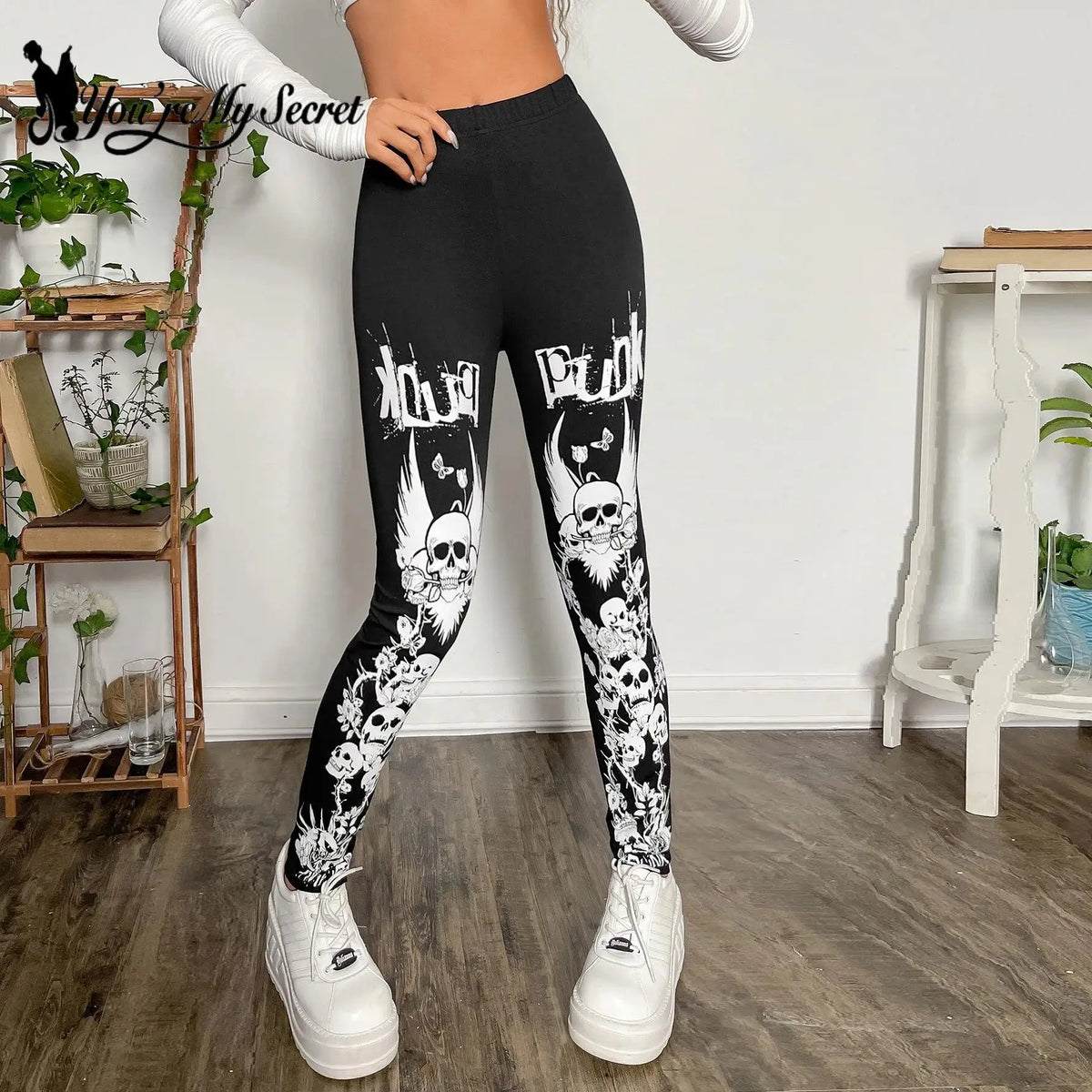 [You're My Secret] 2023 Gothic Leggings for Women Ouija Workout Pants Dark Grunge Black Skull Leggins Halloween Spandex Legins