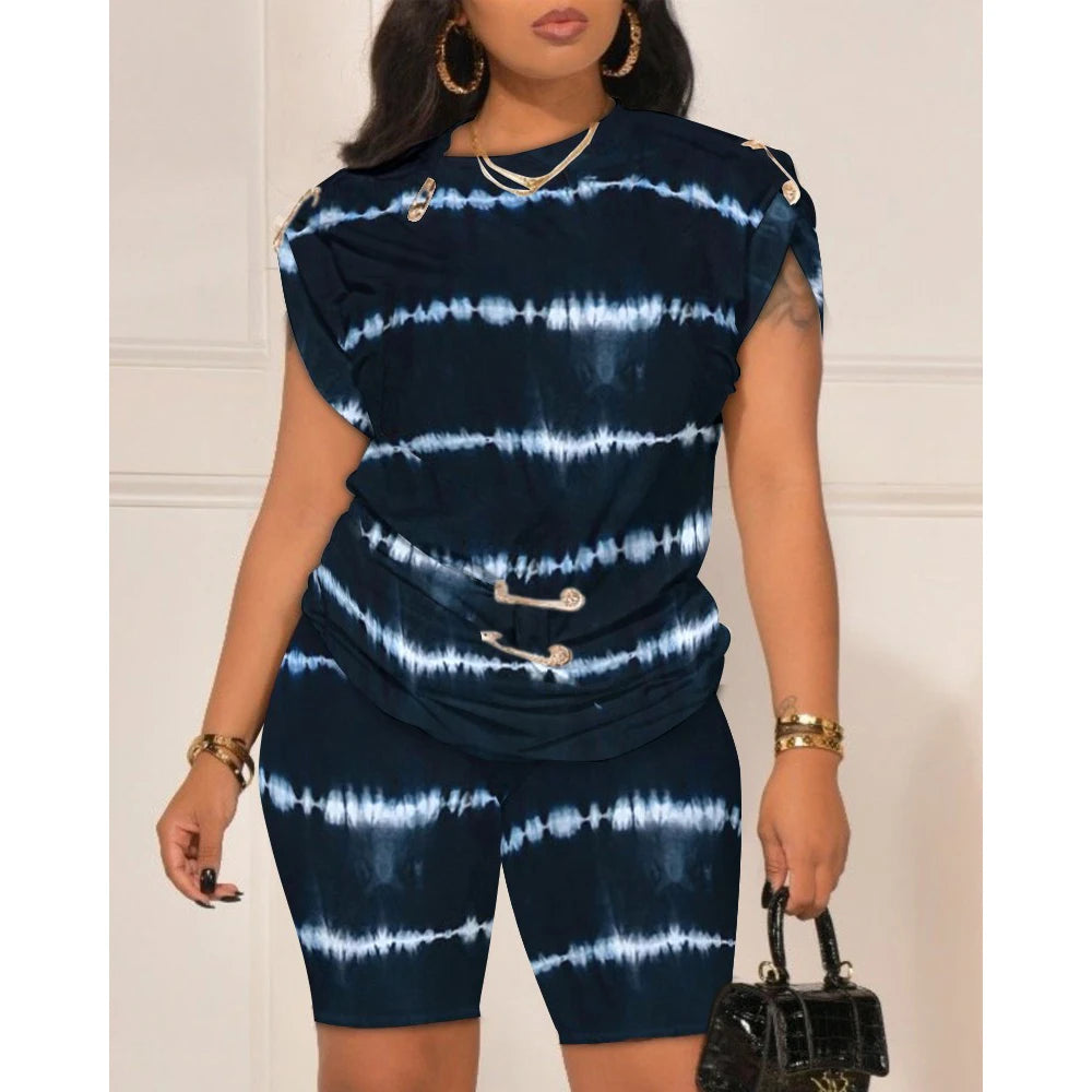 Plus Size Navy Blue Tie Dye Print Casual High Waist Two-Piece Shorts Set