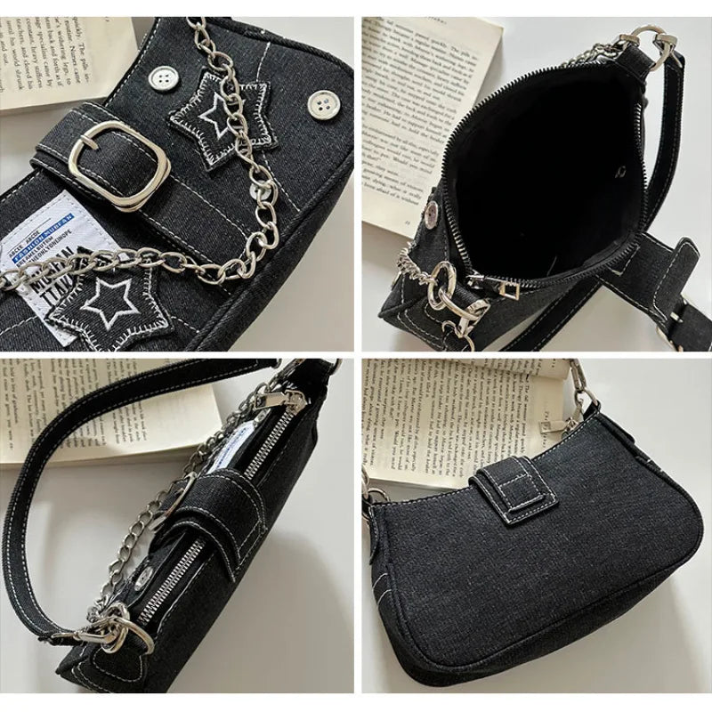 2024 Fashion Denim Canvas Shoulder Bag - Women’s Star Embroidery Y2K Hobo Bag with Zipper and Chain