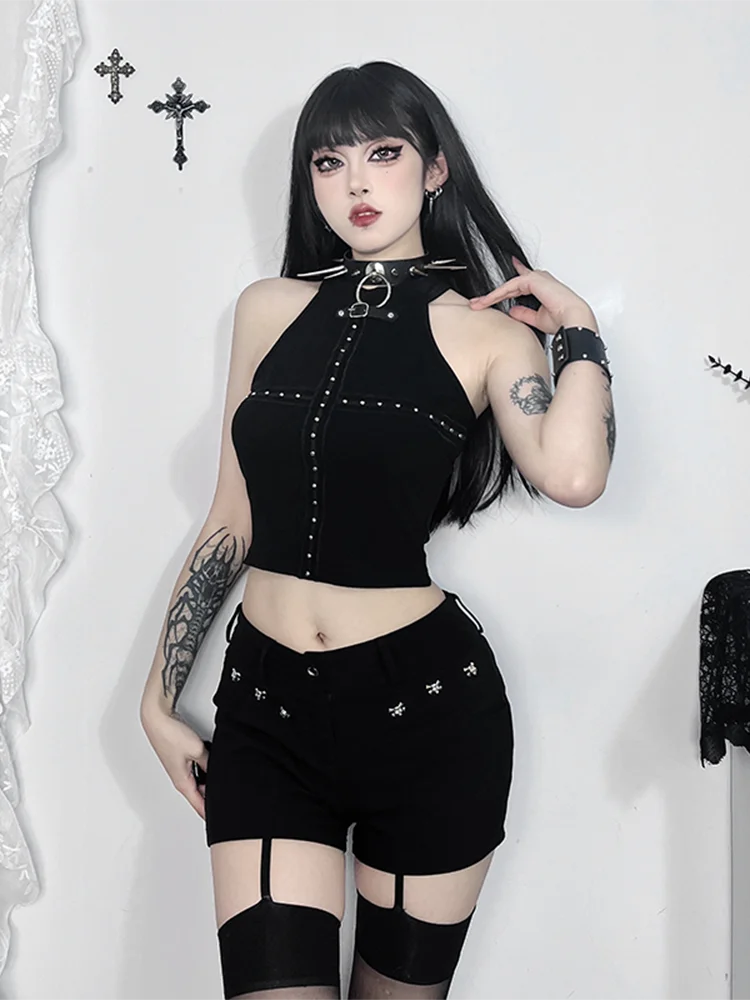 InsGoth Gothic Basic Suspender Vest | Women’s Summer E-Girl Punk Streetwear Tank Top | Harajuku Cold Shoulder Grunge Camisole