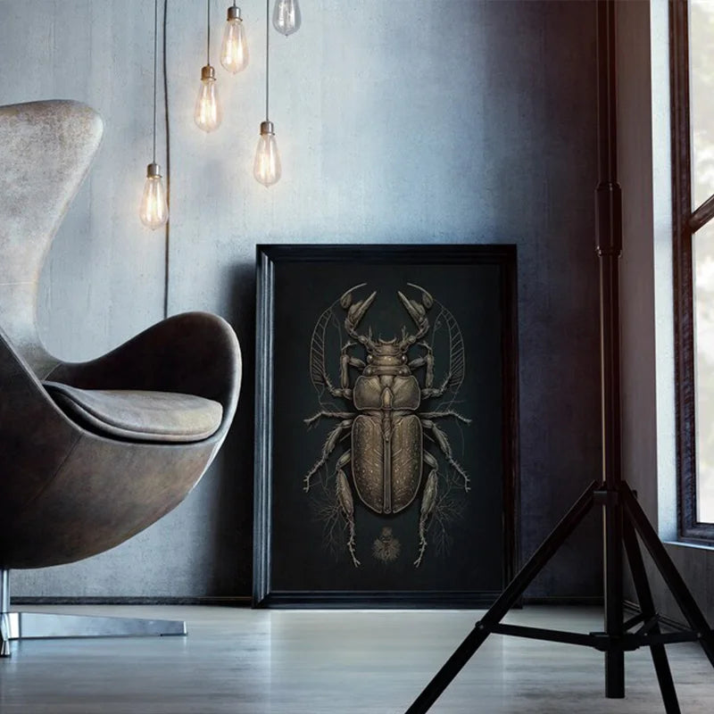 Vintage Dark Academia Insect Beetle And Golden Moth Poster Canvas Painting Wall Art Pictures Gothic Style Home School Decor