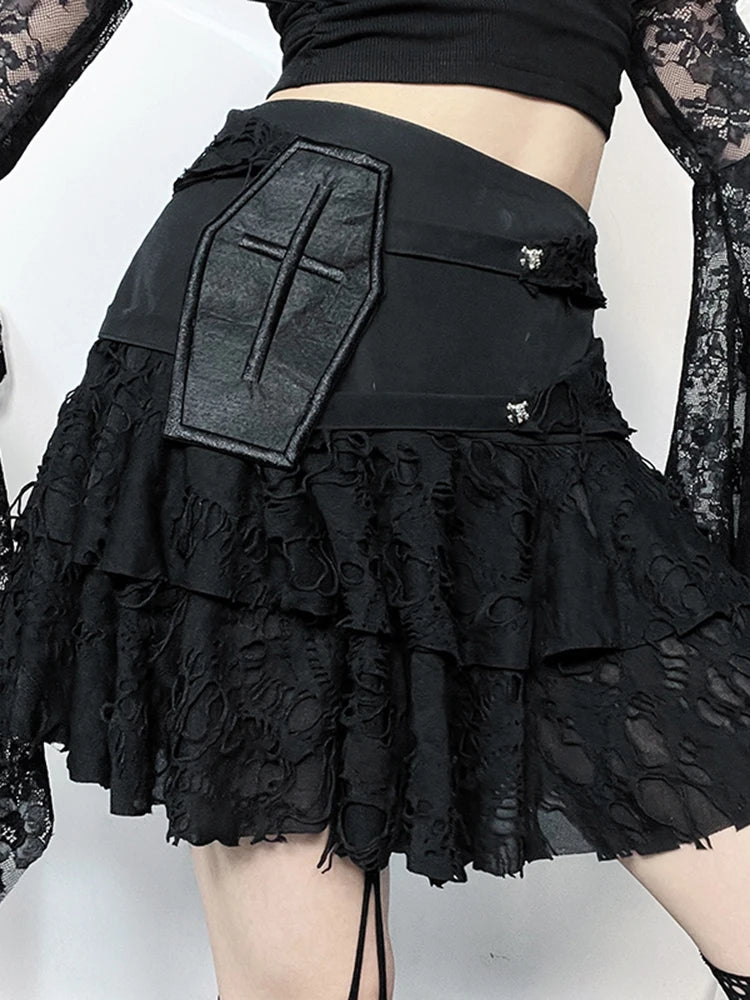 InsGoth Gothic Layered Ruffled Vintage Pleated Mini Skirt | Women’s High Waist A-Line Punk Skirt | Lolita Underskirt for Cosplay