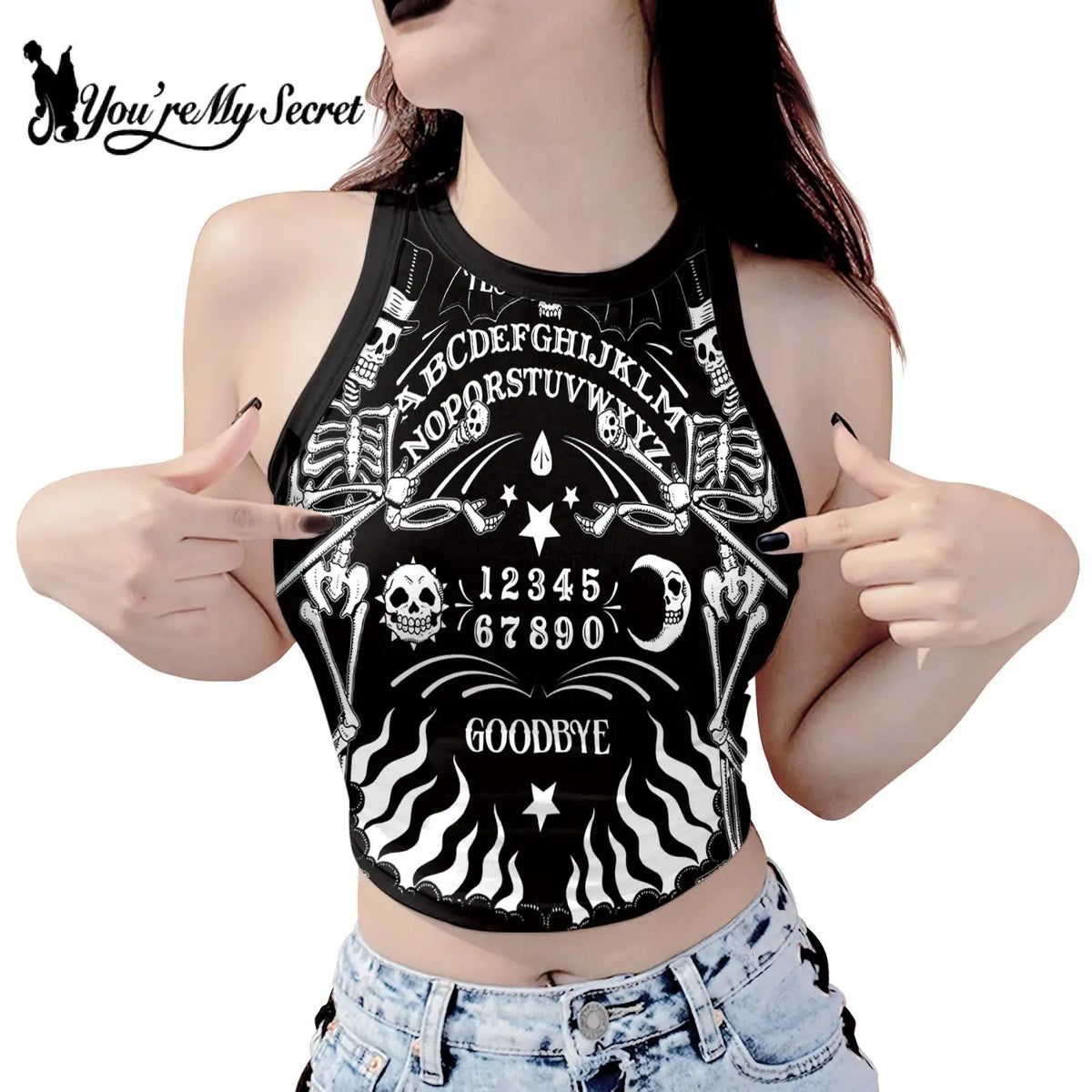 “You're My Secret" Women's Summer Sleeveless Slim Tank Top - Punk Gothic Sexy Black Knitted O-neck Crop Top