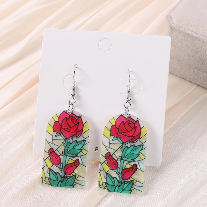 1 Pc Acrylic Dangle Earrings - Stained Glass Look with Rose and Cloud Floral Designs, Perfect Gift for Girls and Women