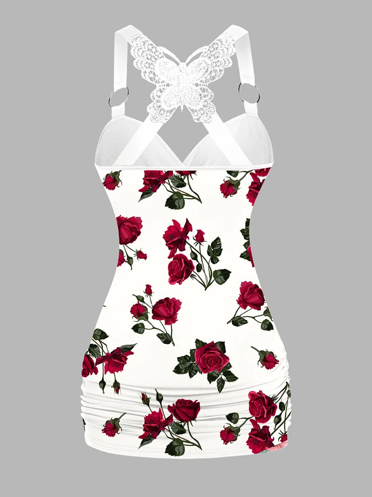 Rose Pattern Ruched Butterfly Lace Tank Top | O Ring Surplice Summer Tops | Sleeveless Y2K Clothes
