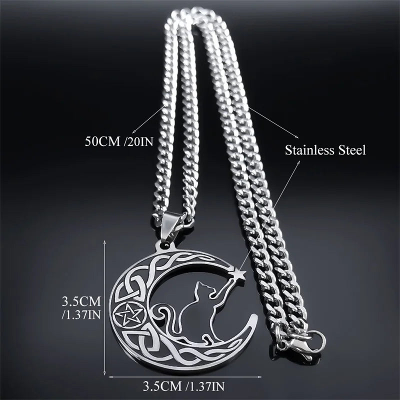 Celtic Knot Crescent Moon Cat Stainless Steel Witch Pendant Necklace