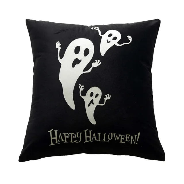 Halloween Theme Horror Pumpkin Black Printed Pattern Cushion Cover – Square Throw Pillow Covers for Home Living Room Sofa Decoration