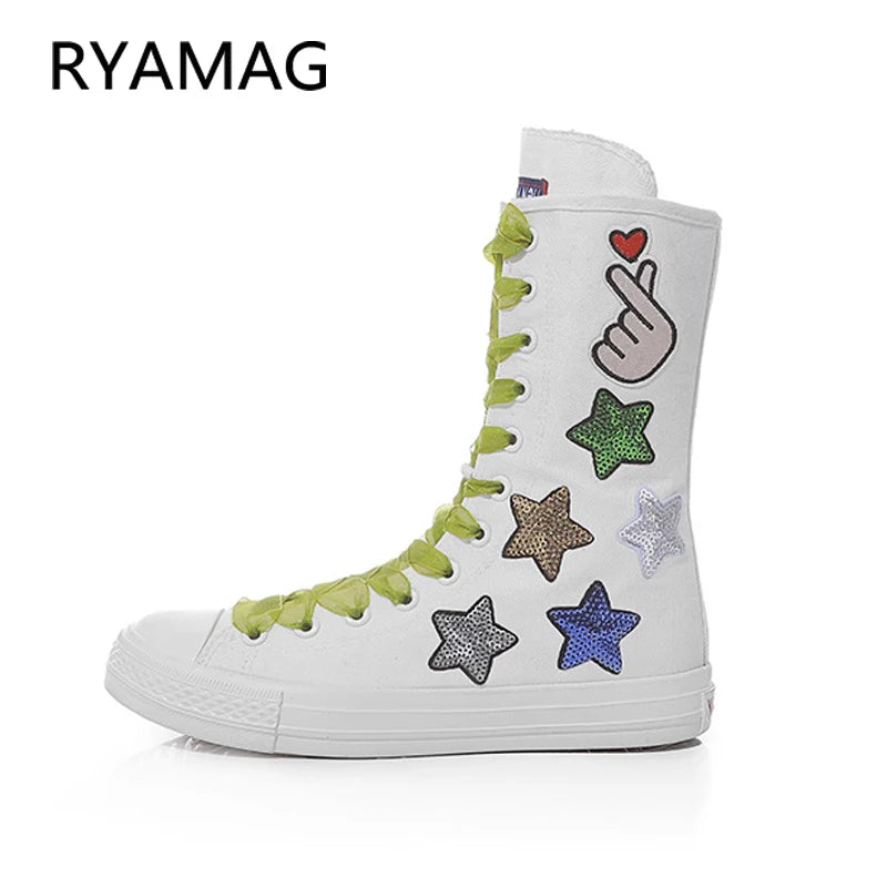 Ryamag 2022 New Women's Canvas Boots Mid Calf Dance Flat Shoes Flower Embroidery Fashion Folk-custom Zipper Vulcanize Sneakers