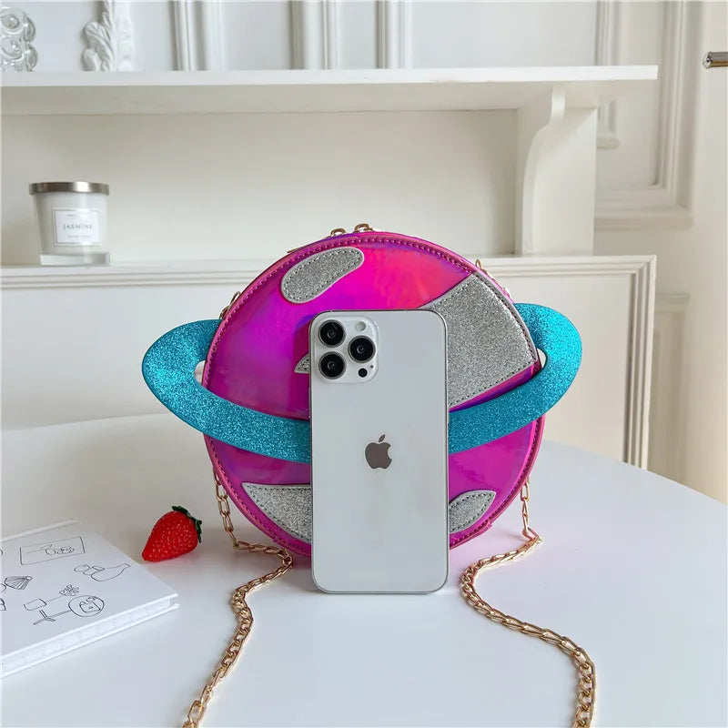 Laser Circular Planet Shape Pursess and Handbags for Young Girls Cute Cartoon Women Chain Crossbody Bag Fashion Novetly Clutch