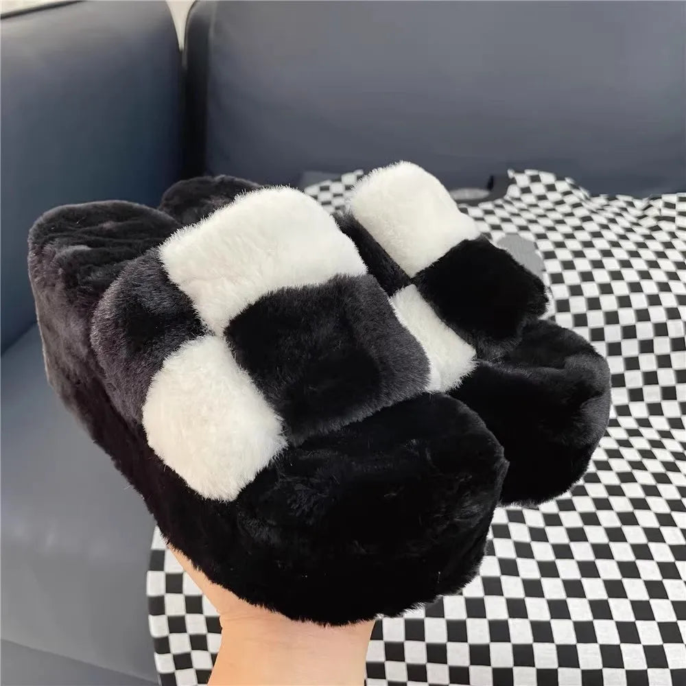 Women's Plush Slippers Sandals - Customized High Thick Heels, Summer Dress Pumps (Sizes 31-48) in Black and White Checkerboard