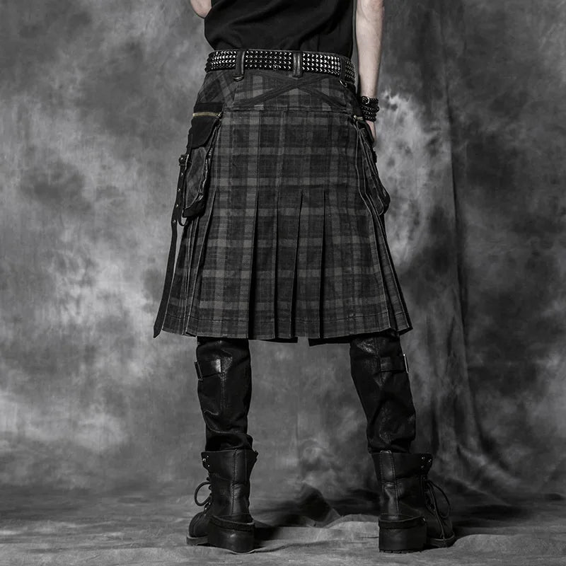 PUNK RAVE Punk Rock Trousers Mens Fashion Pants Cargo Personality Scottish Kilts Check Pattern Long Half Skirts