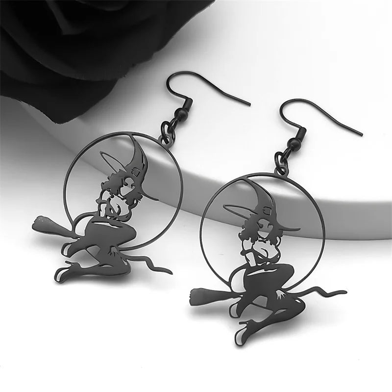 Stainless Steel Dangle Earrings – Witchcraft Black Hollow Pendant, Punk Halloween Jewelry for Women