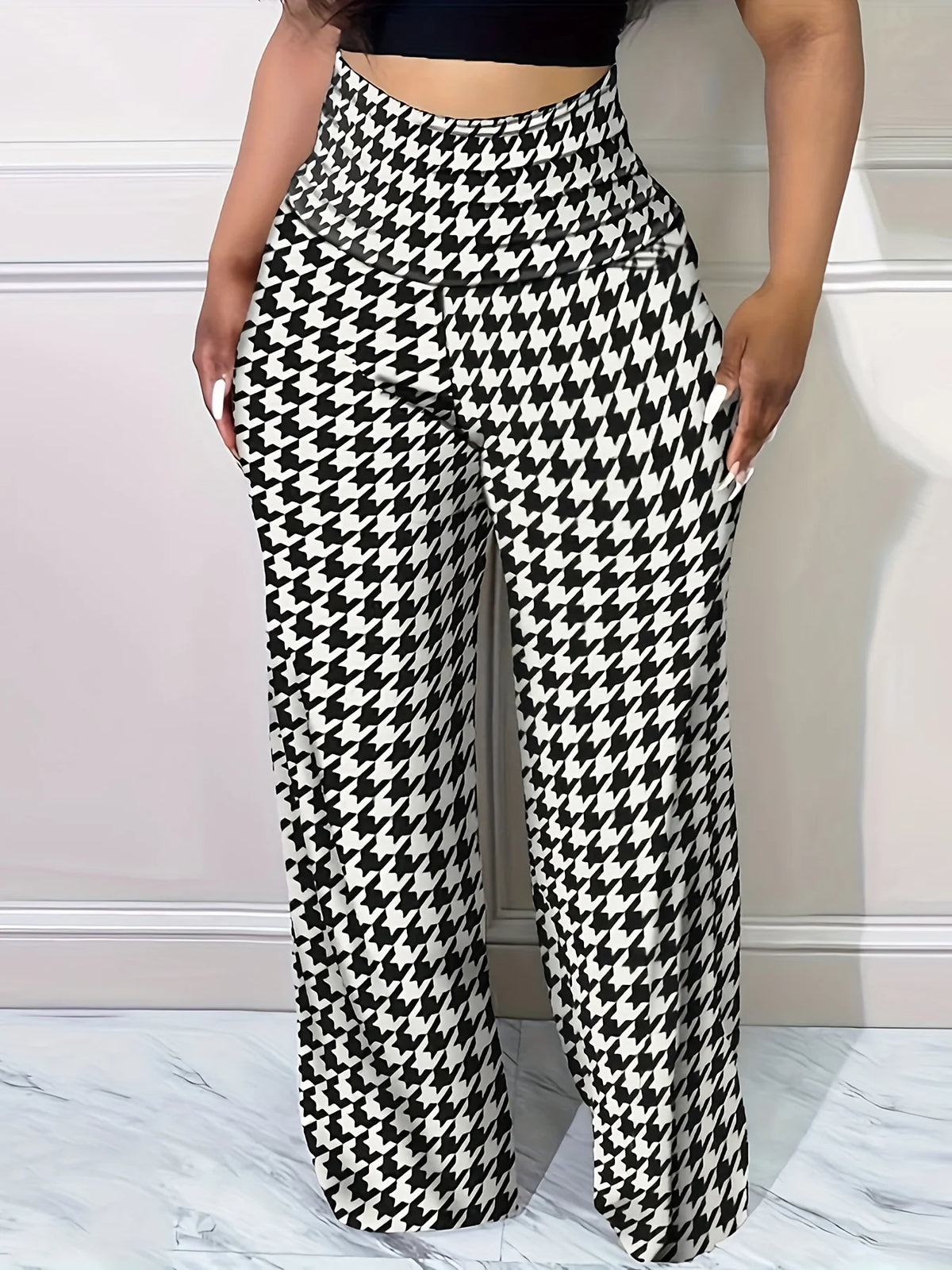 Plus Size High Waist Slim Fit Thousand Bird Checker Wide Leg Pants – Versatile Women’s Pants