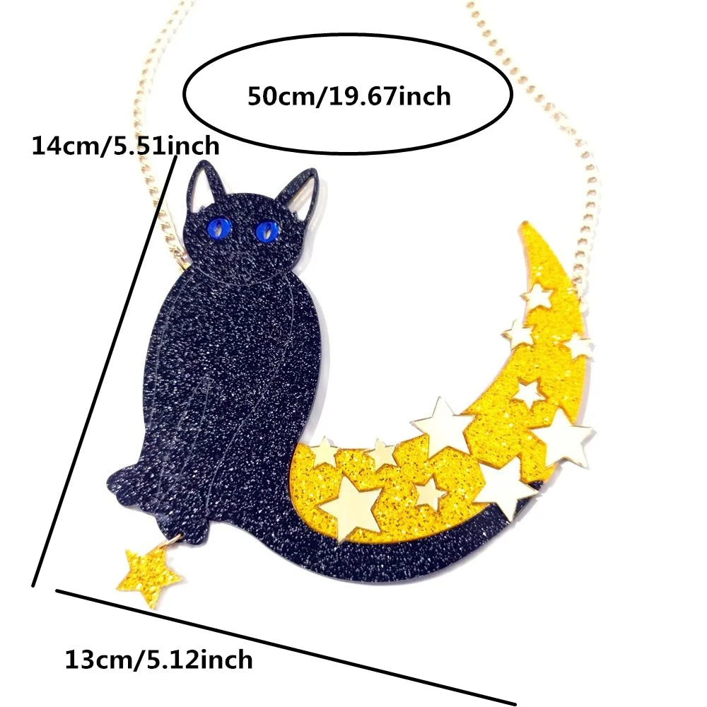 KUGUYS Large Black Cat Moon and Stars Pendant Necklace for Women, Gold Color Fashion Acrylic Sweater Chain Jewelry