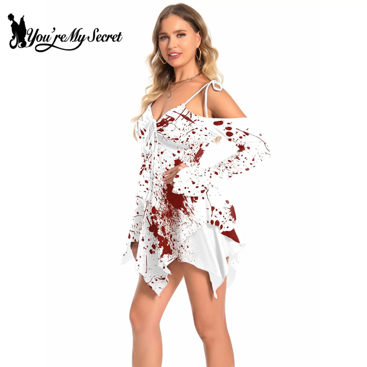 [You're My Secret] Adult Women Cosplay Halloween Harley Clown Bloody Costume Party Long Sleeve Midi Backless Dresses Female