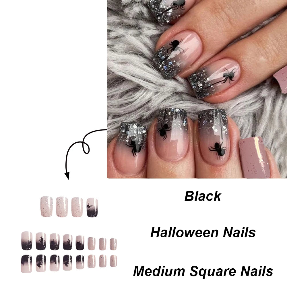 24pcs French False Nails halloween spider black Square Nail Tips Detachable Full Cover Press on Nails DIY