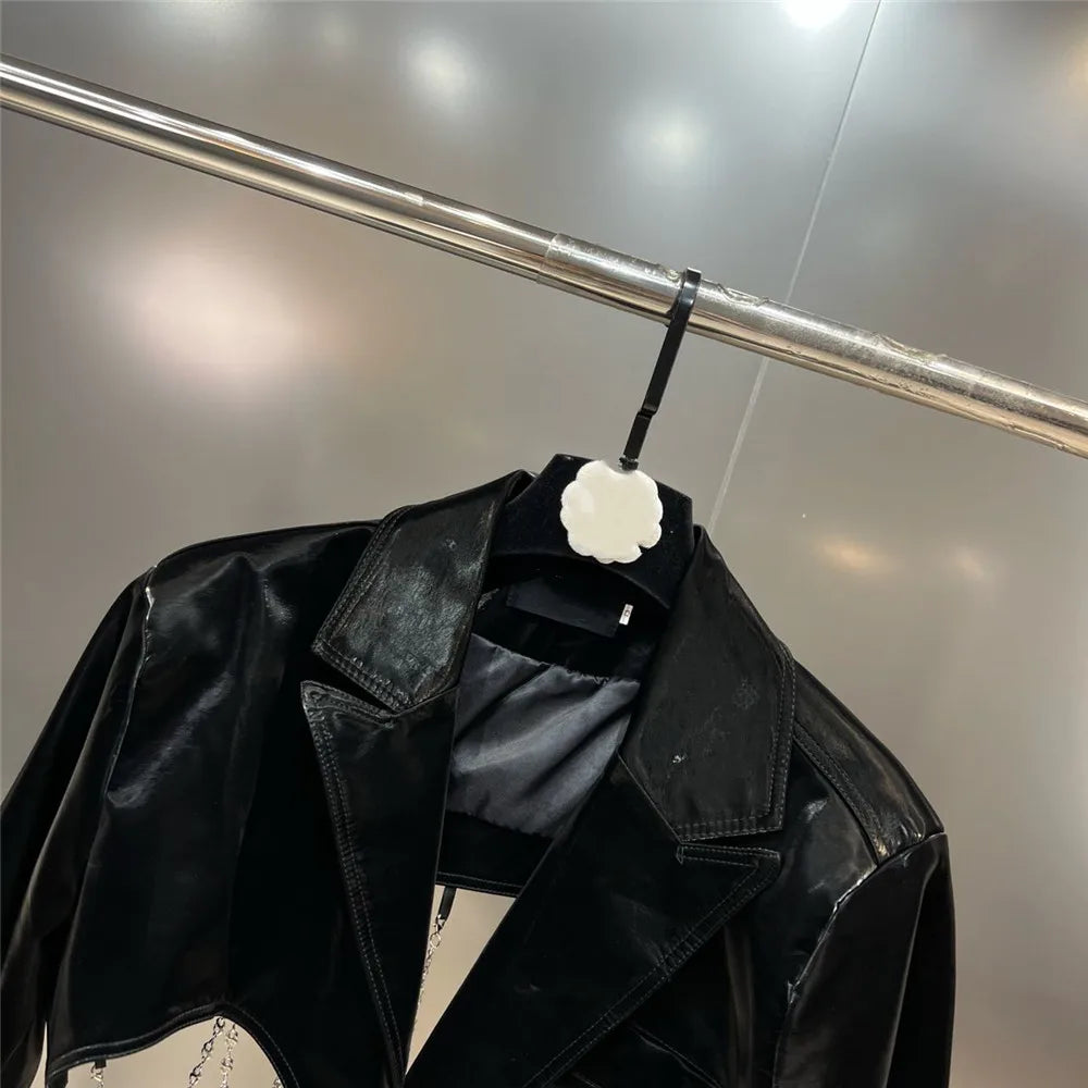 Autumn New Cropped PU Leather Jackets For Women Fashion Black Chain Decoration Short Faux Leather Jacket Female Outwear Y3007