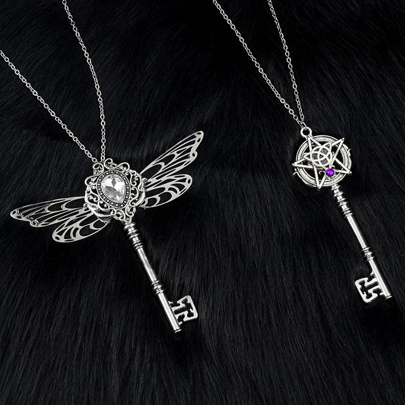 Witch Magic Goddess Wing Key Pendant Necklace - Banish Evil with Occult Jewelry