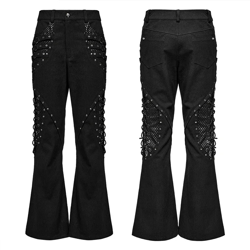 PUNK RAVE Men's Punk Twill Personalized Mesh Hollowed Splicing Design Flare Pants Trousers Streetwear Men Clothing