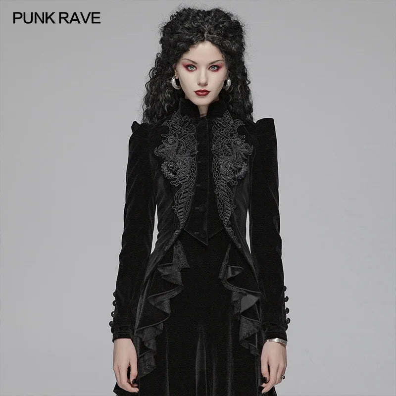 PUNK RAVE Women's Gothic Lolita Short Coat - Black Puff Long Sleeve Halloween Party Jacket with Lace Decoration