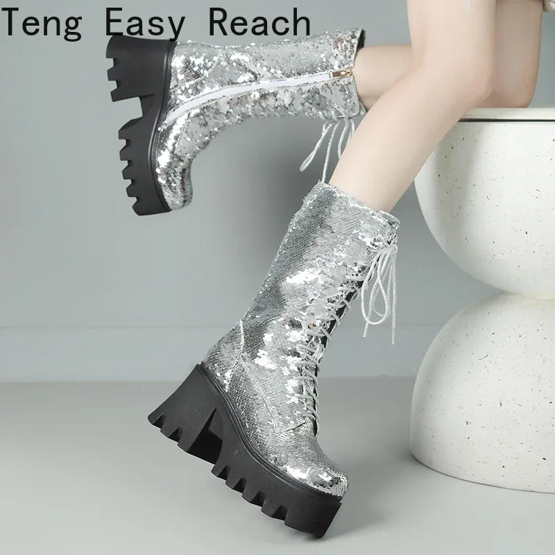 Women’s Lace-up Punk Platform Sequined Ankle Boots