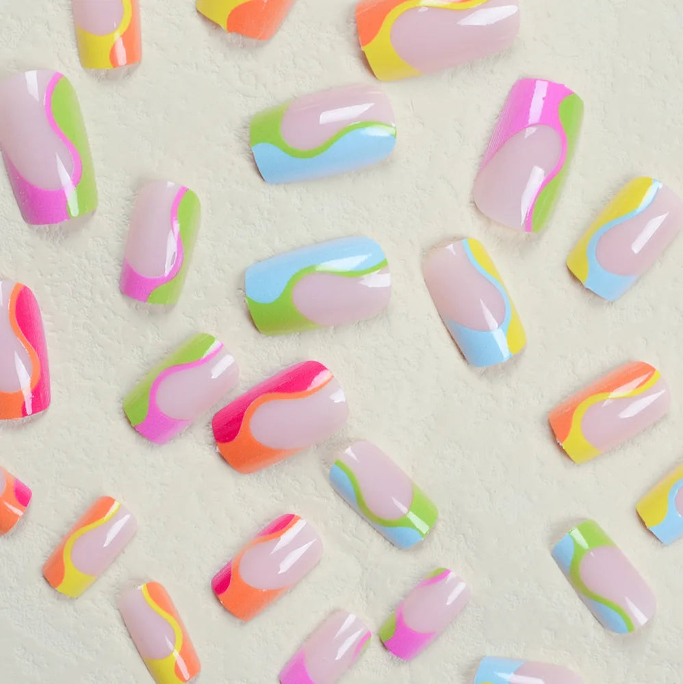 24pcs Rainbow French Tip Press-On Nails – Short Square Ballerina Full Cover Fake Nail Art Tips