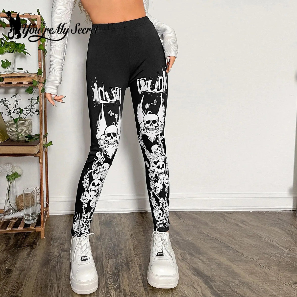 [You're My Secret] 2023 Gothic Leggings for Women Ouija Workout Pants Dark Grunge Black Skull Leggins Halloween Spandex Legins