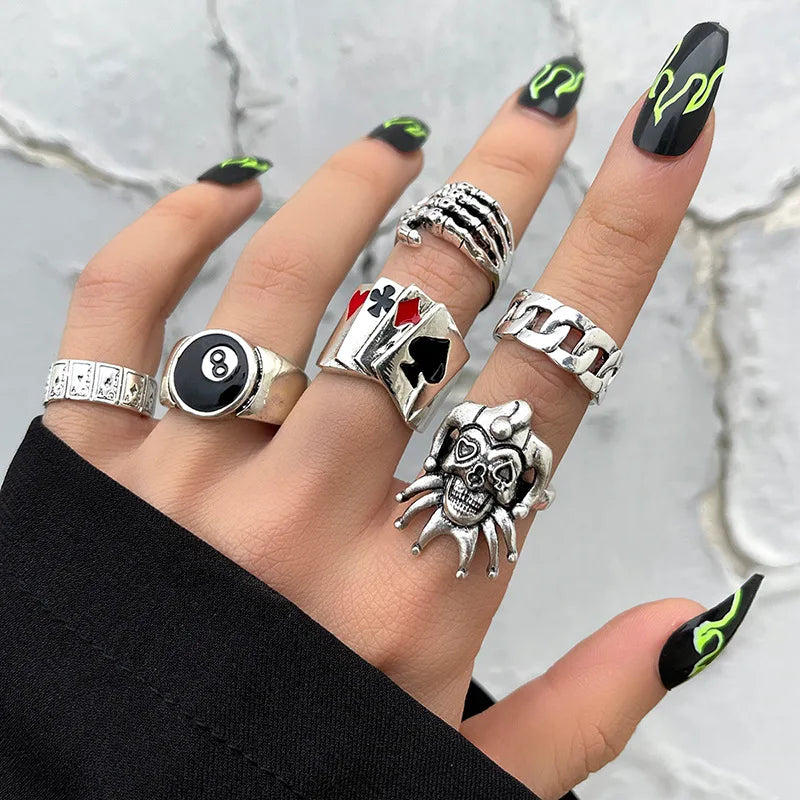 6Pcs Punk Poker Joker Silver Color Rings for Men Women Goth Skeleton Billiards Set Couple Emo Fashion Jewel Anillos Hombre