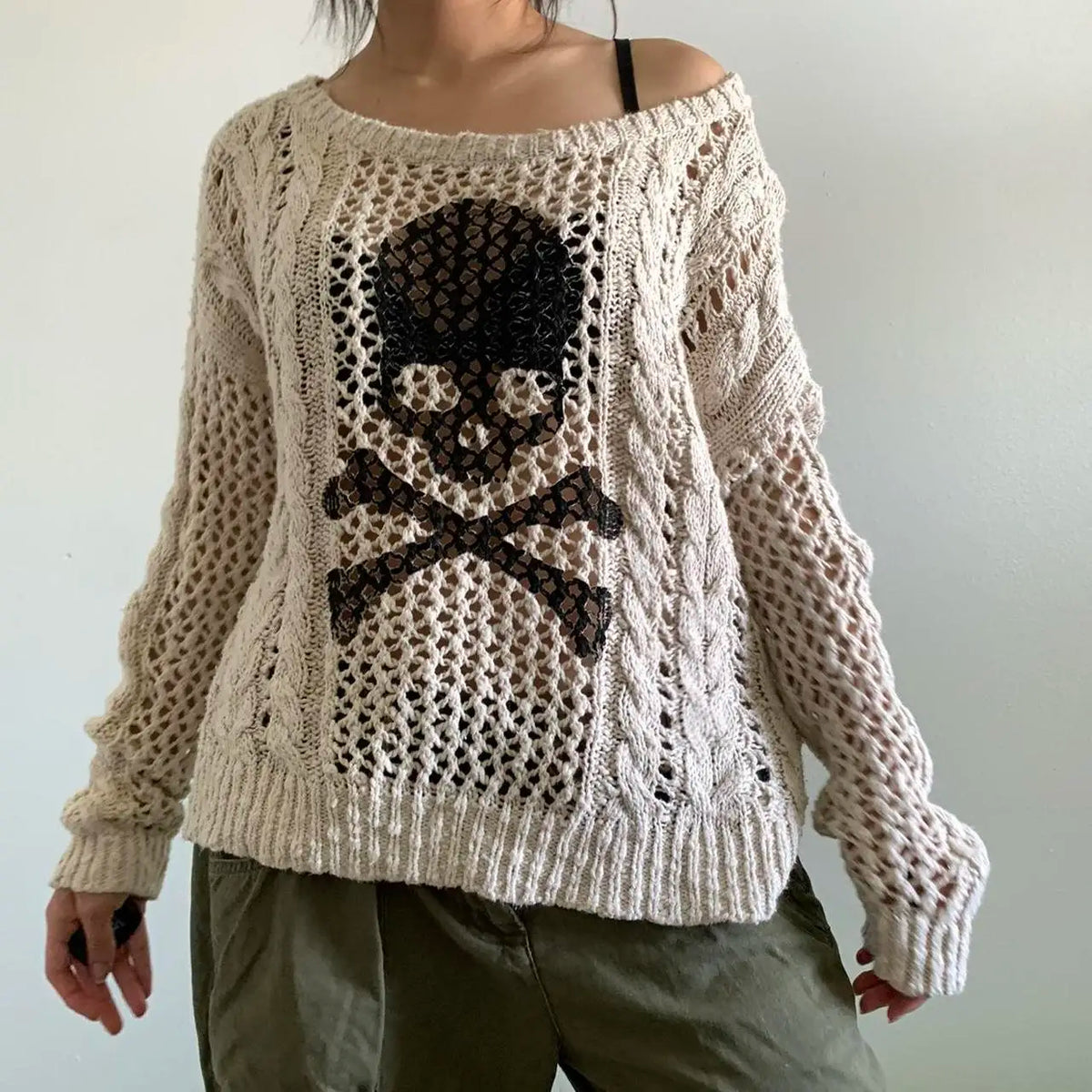 Y2K Gothic Retro Skull Print Crochet Smock Top – Hollow Out Pullover Knitwear, Women’s Grunge Streetwear